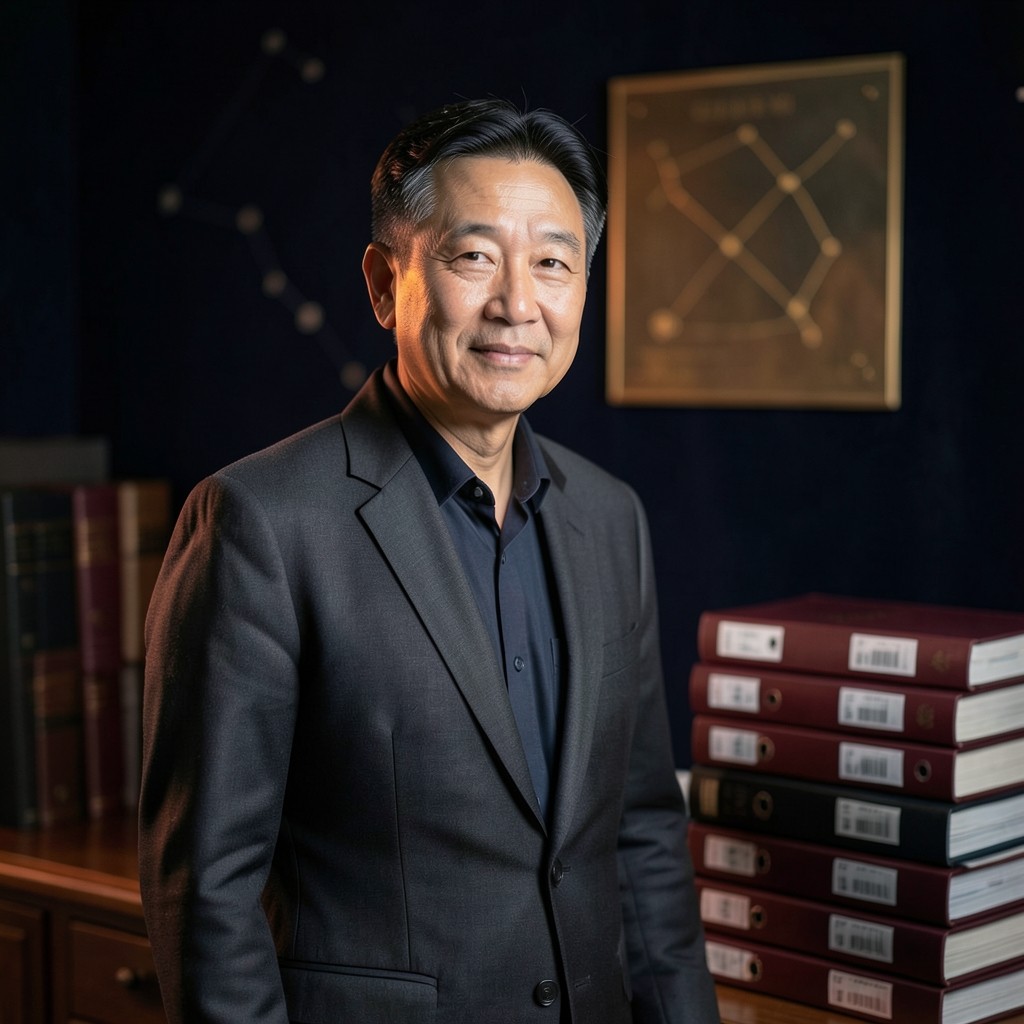 Portrait of a workshop facilitator beside stacked chart binders
