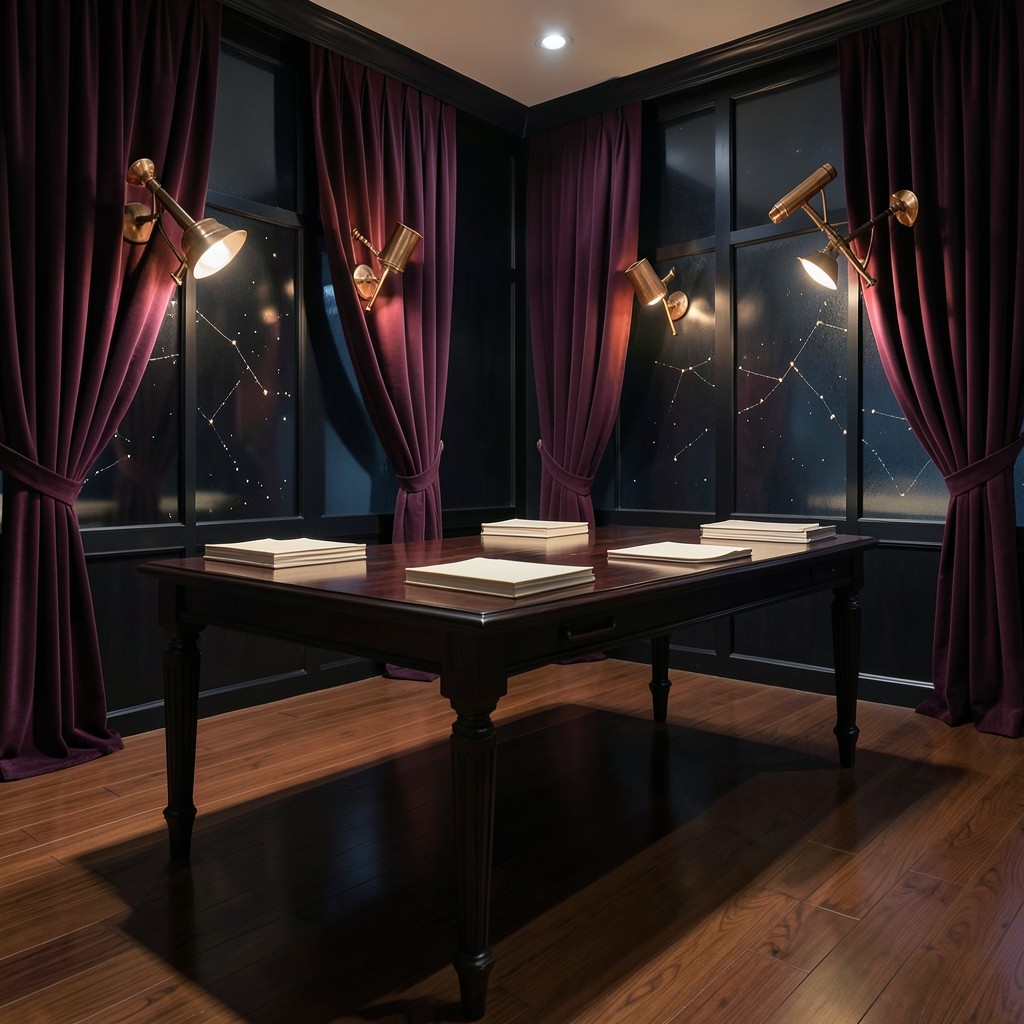 Velvet-curtained chart room with copper fixtures and a long planning table
