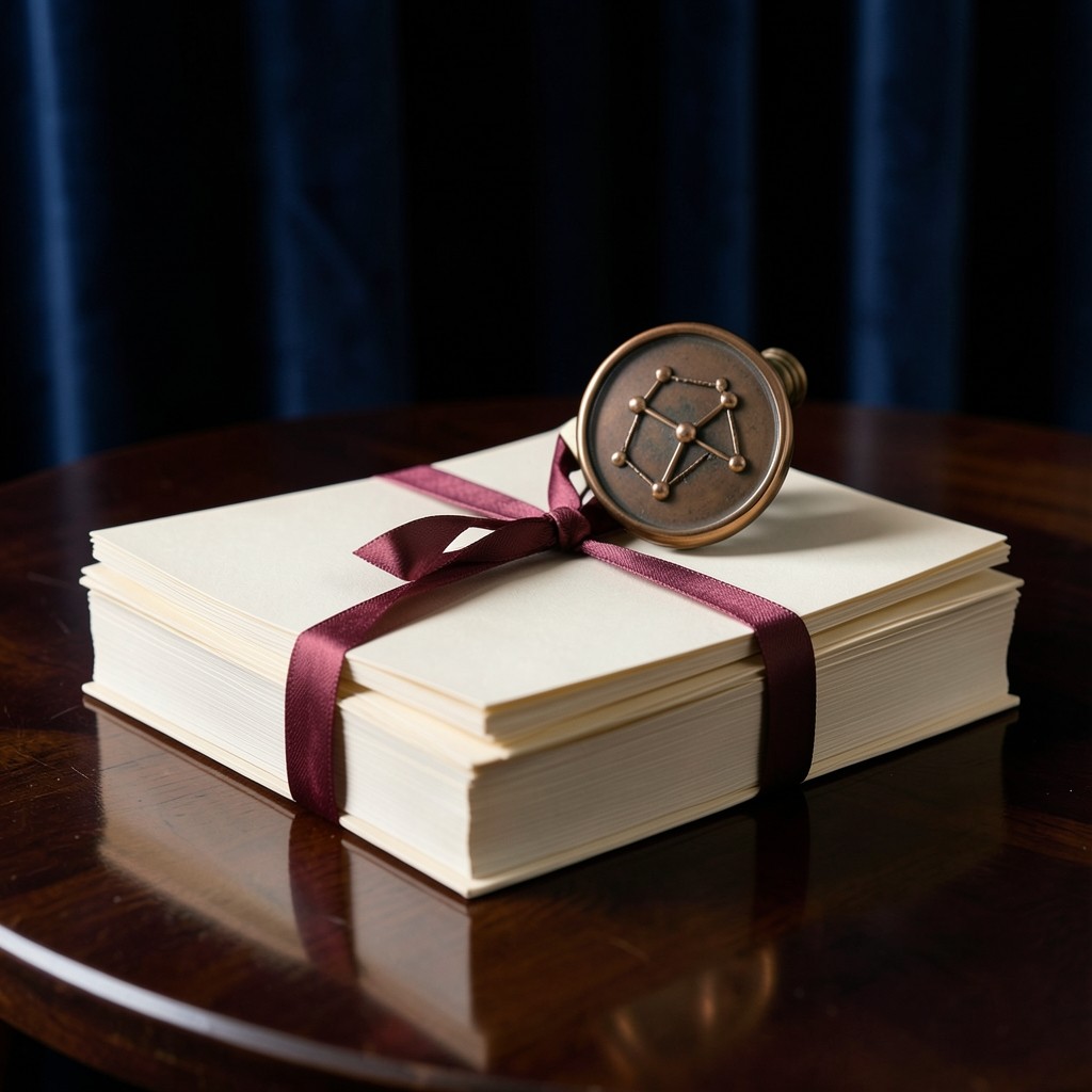 Stack of freshly printed chart packets tied with burgundy ribbon on lacquered wood