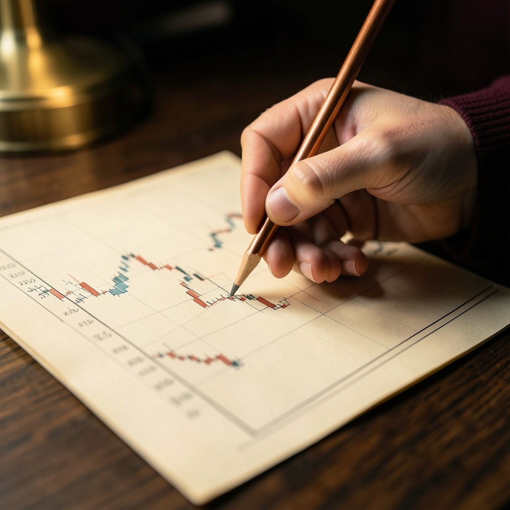 Trader circling an invalidation price on a printed daily chart with a copper pencil