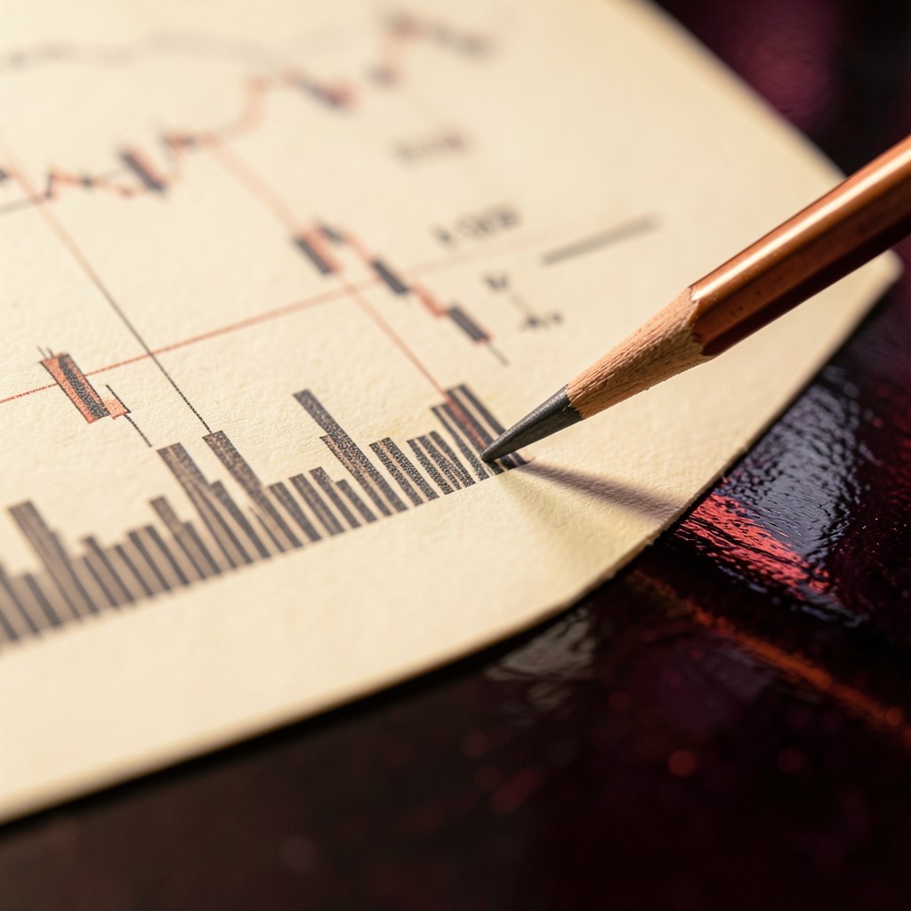 Close-up of volume histogram bars beneath price on a printed technical chart