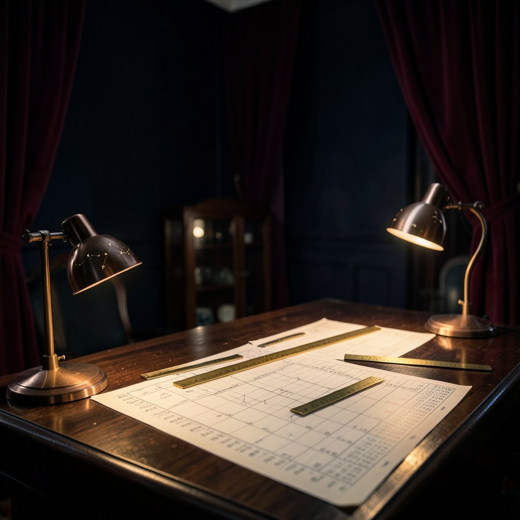 Dim chart room with brass desk lamps and printed weekly price charts on a lacquered table