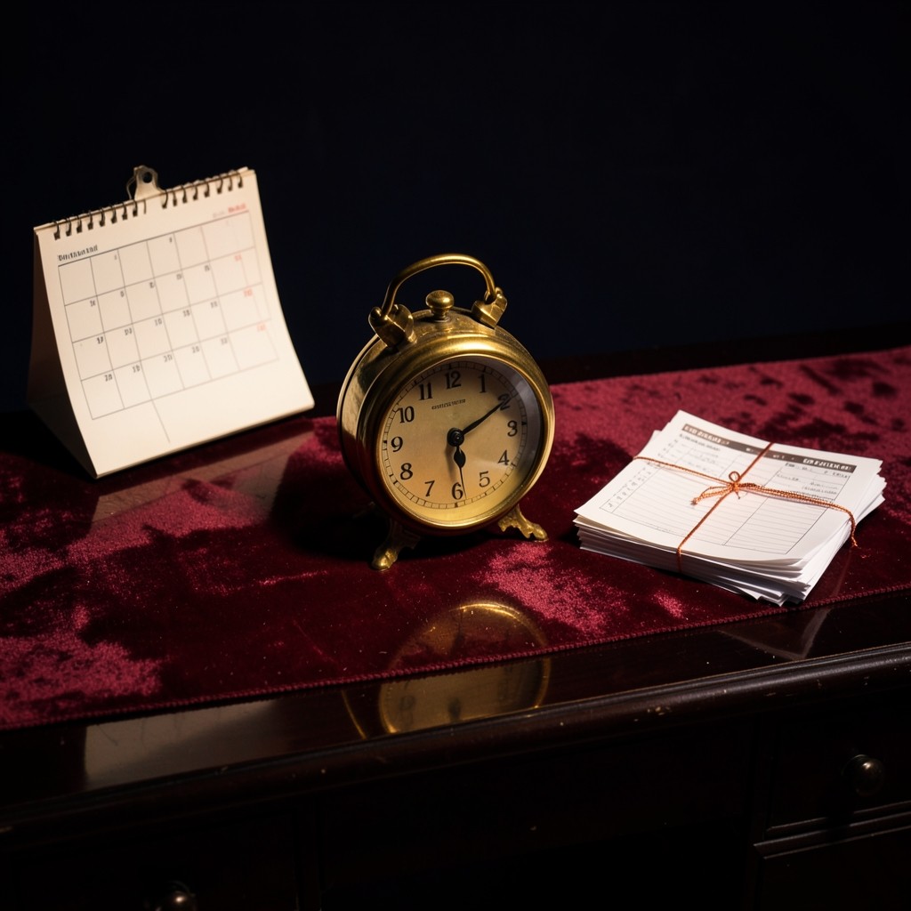 Wall calendar and brass desk clock beside stacked weekly chart packets