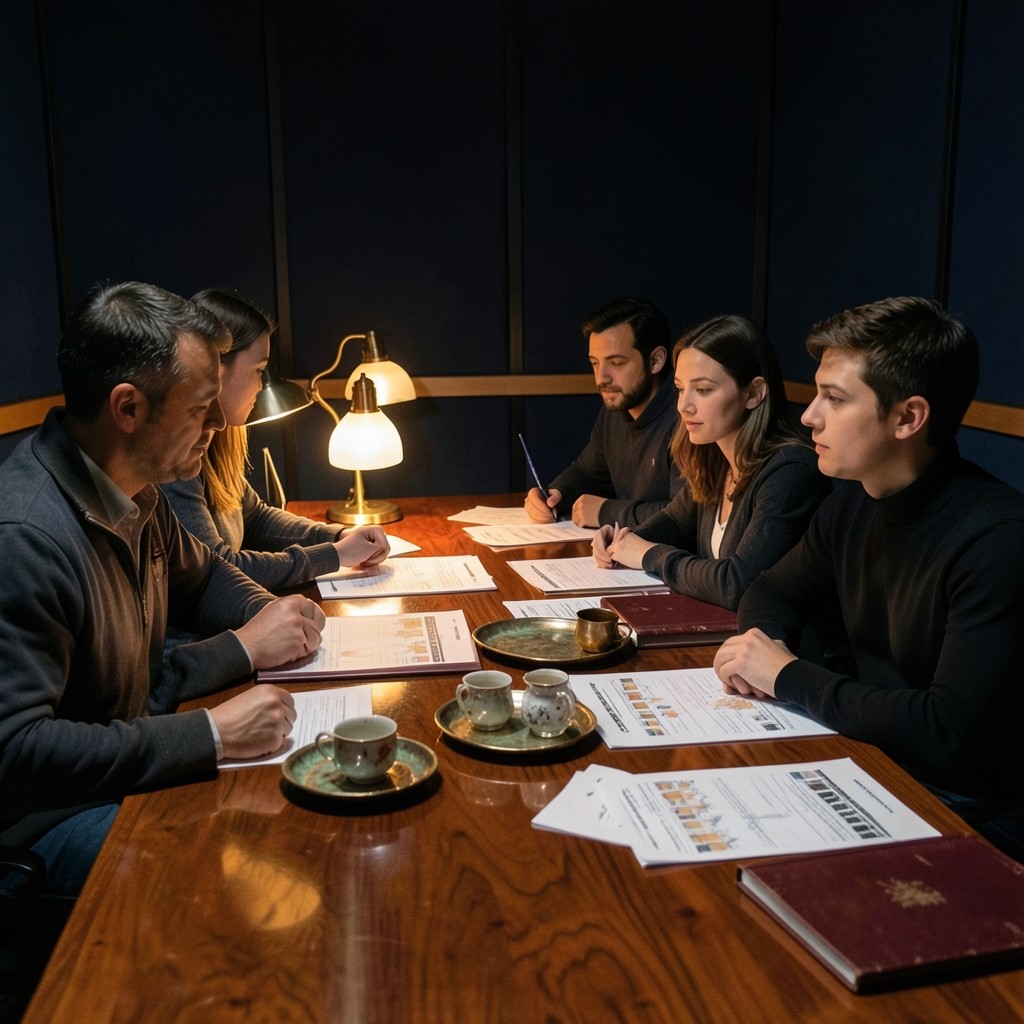 Small trading team gathered around a long table with shared chart packets