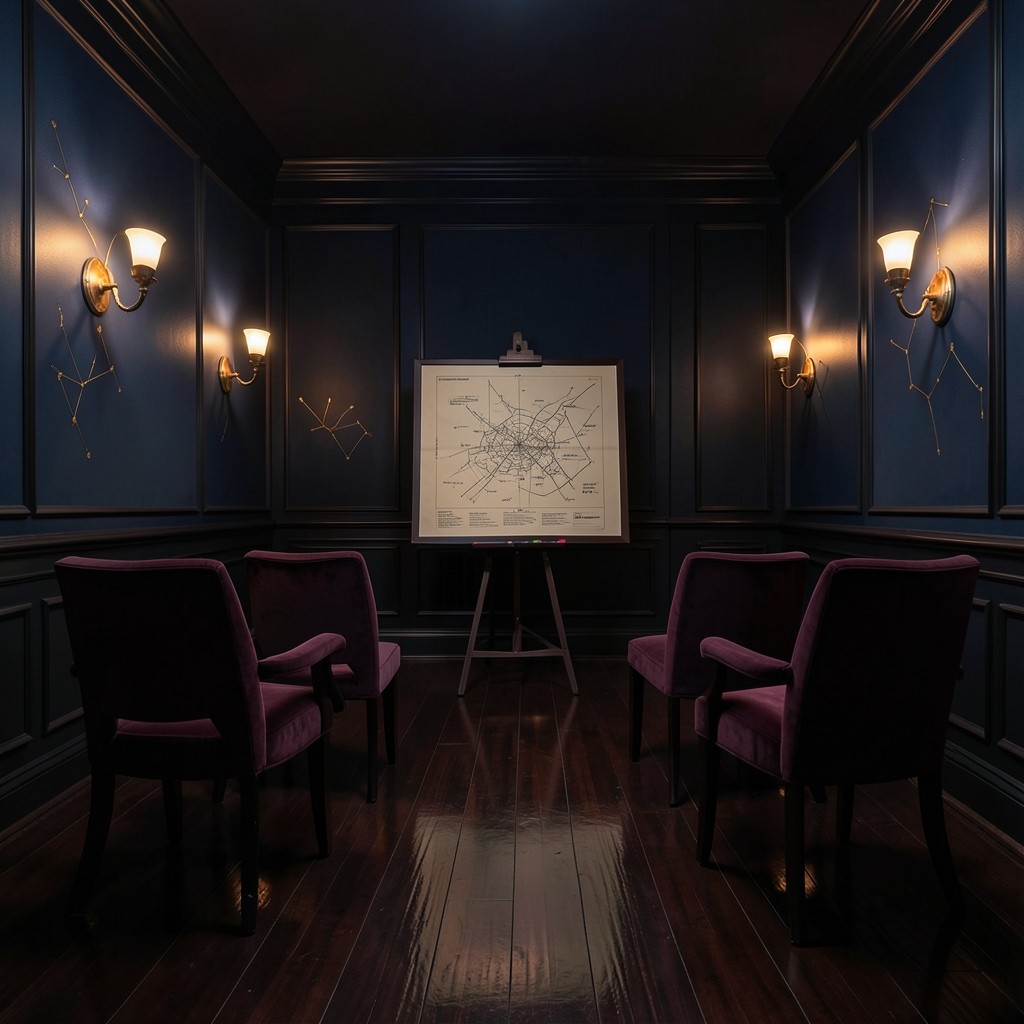 Evening classroom with velvet chairs facing a large printed market structure chart