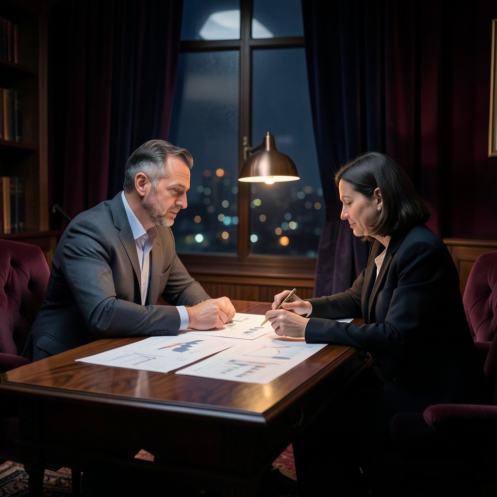Facilitator and trader reviewing annotated charts across a narrow observatory desk