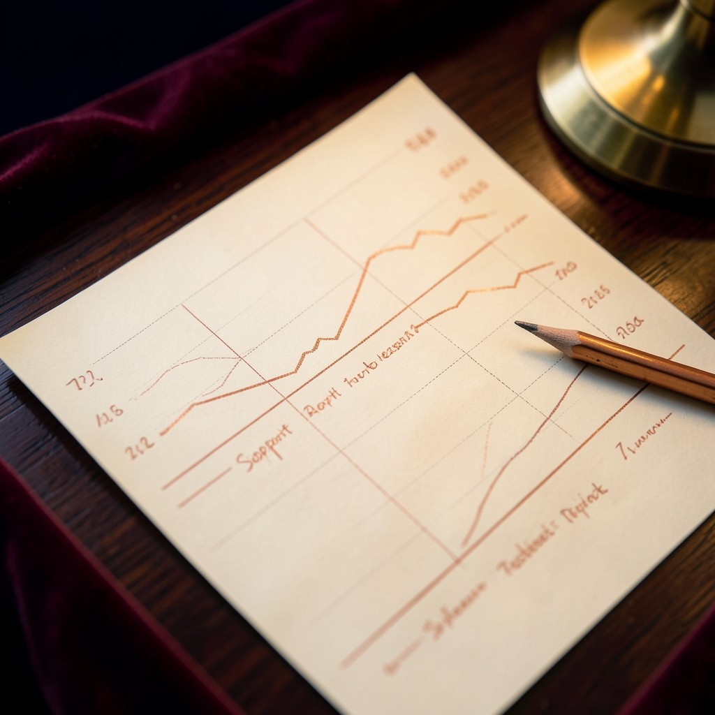 Close view of hand-drawn trendlines and horizontal levels on a printed equity chart